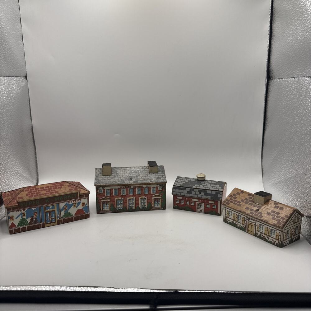 Set Of 4 Vintage Keystone Wooden Block Village Buildings